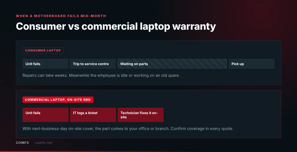 Timeline comparison after a motherboard failure. Consumer laptop: unit fails, trip to service centre, a long wait for parts, pick up, repairs can take weeks. Commercial laptop with on-site next-business-day cover: unit fails, IT logs a ticket, technician fixes it on-site.