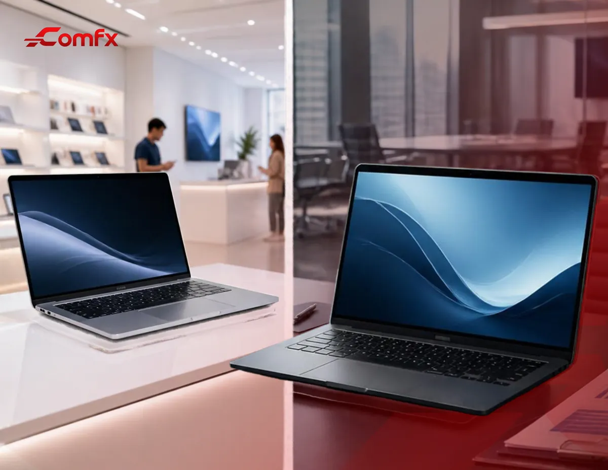 Laptop on display in a retail store beside a business laptop in an office